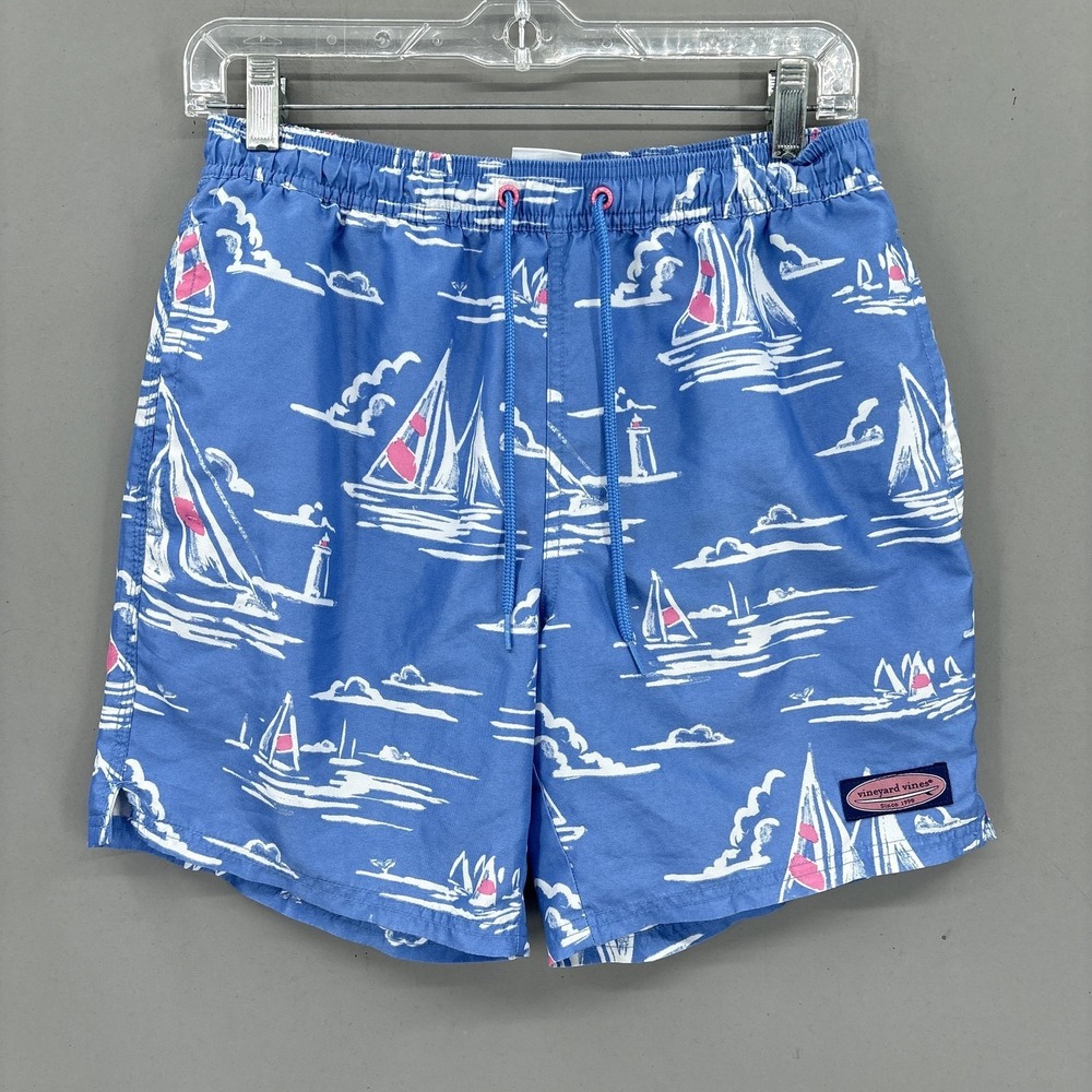 Vineyard Vines Swim Shorts Men XS Blue Sailboat Nautical Print Mesh Lined Trunks